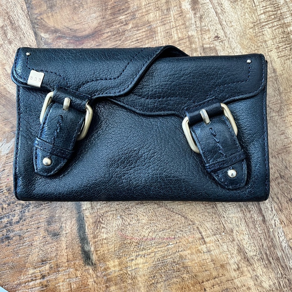 Navy Leather Clutch wallet with Buckle Accents